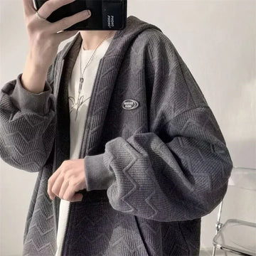 WIAOFELLAS  -  Spring Men's Jacquard Zipper Hooded Sweatshirts Korean Fashion High Street Cardigan Jacket Casual Oversized Y2K Vintage Hoodies